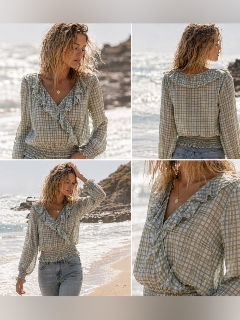 Worth New York Plaid Ruffle Blouse Smocked Waist Top Size S